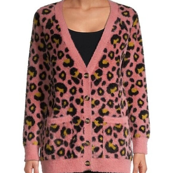For Love And Lemons Sweaters - Marielle Leopard Print Cardigan In Pink- For Love and Lemons Size XS